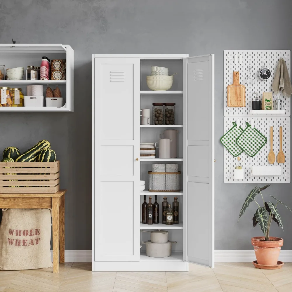 

Storage Cabinet with Doors, Kitchen Pantry Cabinet with 4 Shelves Freestanding, Metal White Cabinets for Laundry and Bathroom