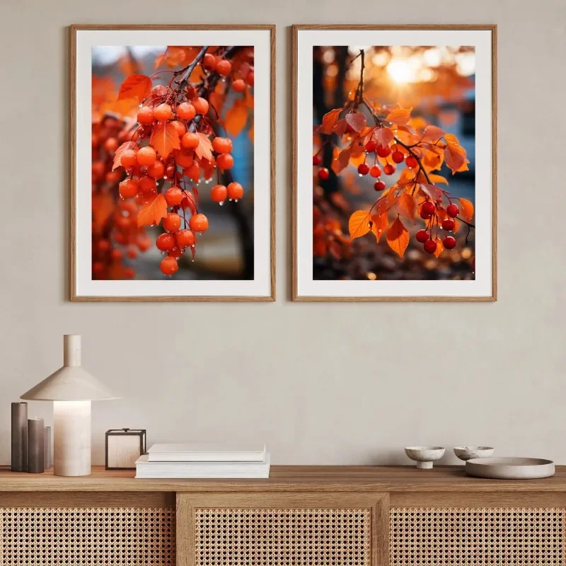 Modern Autumn Natural Scenery Poster Fall Red Berries Leaves Botanical Canvas Painting Wall Art for Living Room Home Decor Mural