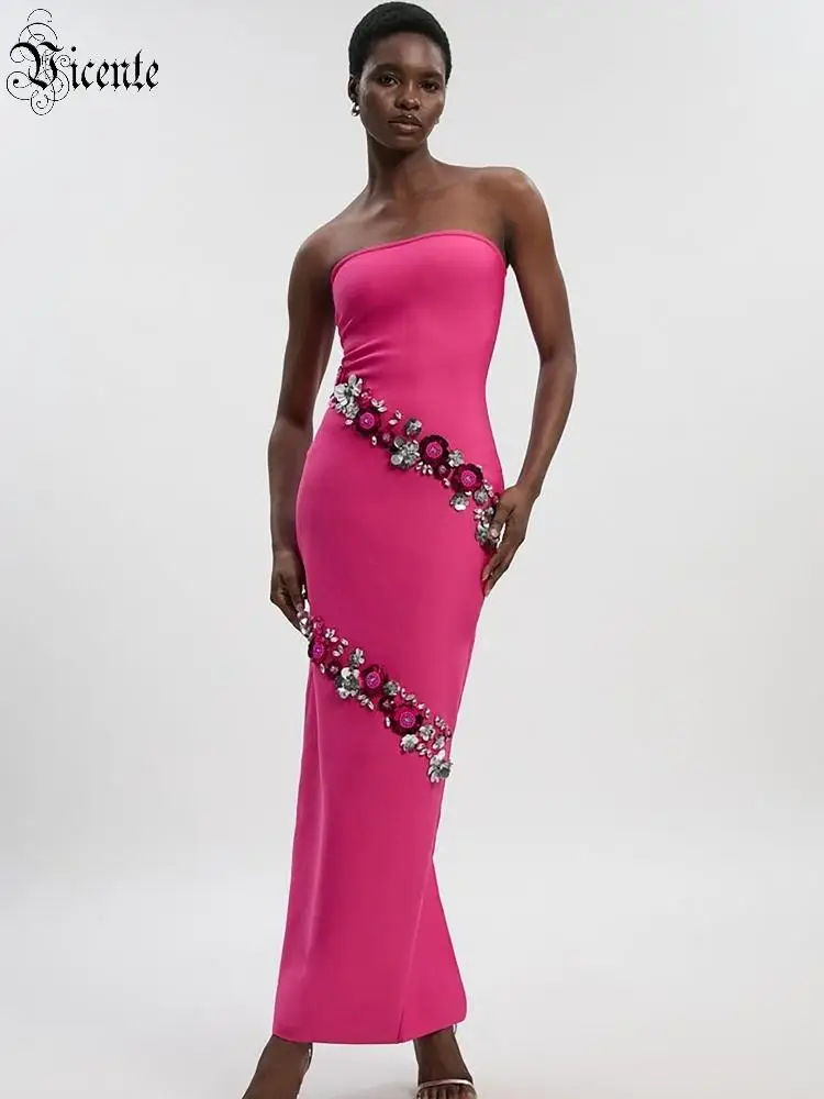 VC Evening Glamour Hot Pink Strapless Backless Maxi Dress with Beaded Florals for Party Date Night Gala Gown