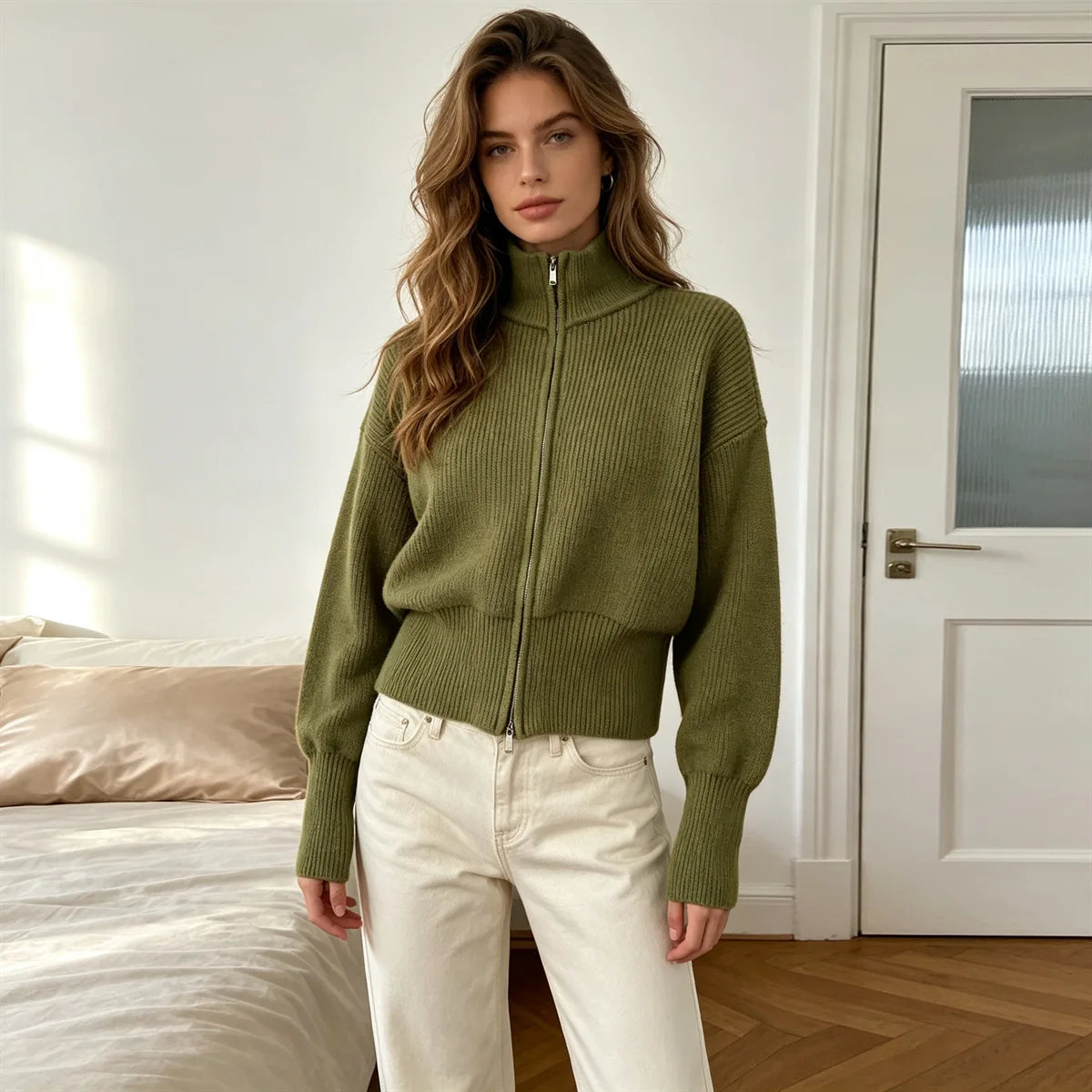 Double Zippers Stand Collar Knit Cardigan Women Simple Loose Solid Long Sleeve Soft Sweater Temperament Commuter Versatile Coat