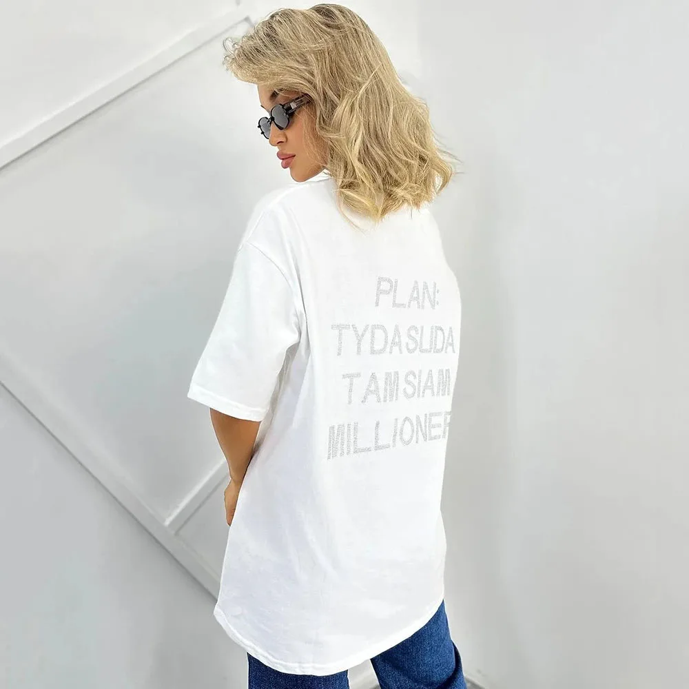 New Rhinestone Letter Casual Tee Shirt Oversize Bodyfriend Style Korean O Neck Summer T Shirt Women Streetwear Harajuku Tops