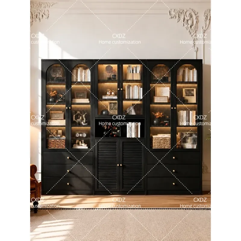 Steel Bookcase with Glass Door Modular Wall Cabinet Living Room Storage Display Shelf Integrated Unit