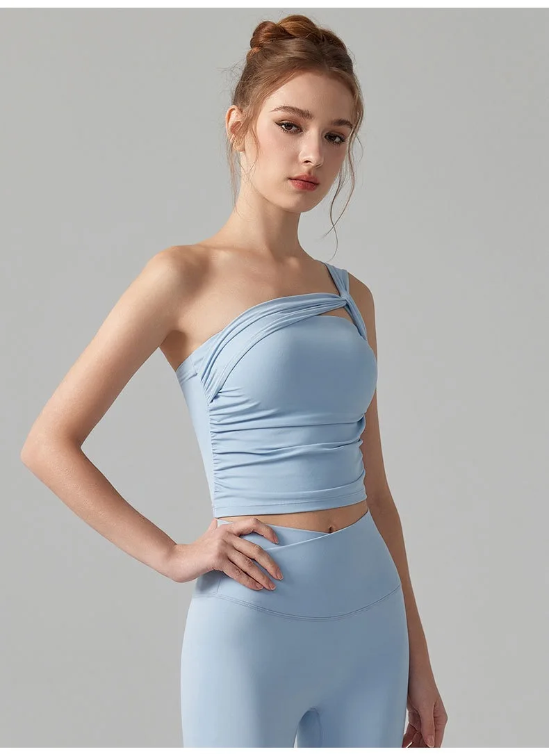 Ein-Schulter-Yoga-BH für Damen, stoßfeste, hochintensive Sportunterwäsche, feste Cups, Lauf-Fitness-Weste, Yoga-Bekleidung, Oberteil-Set – Detail 8