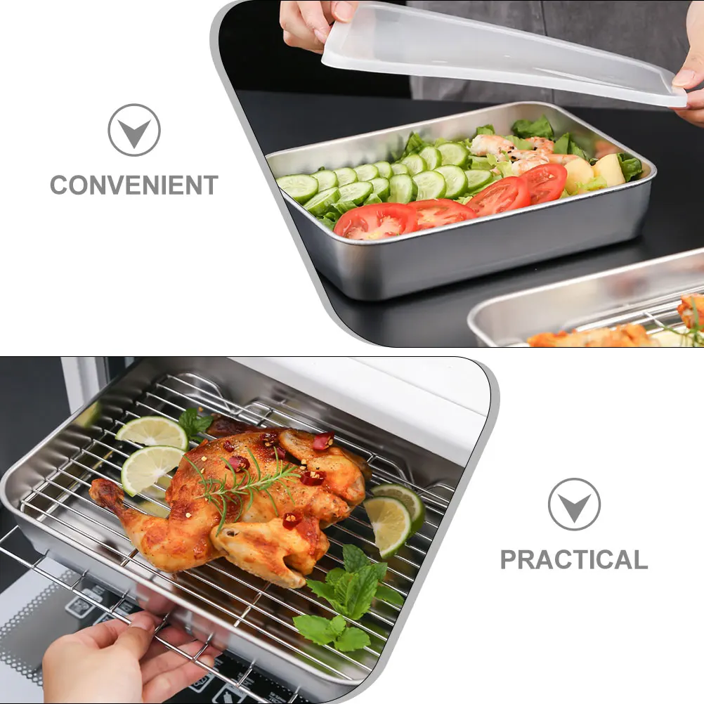 

Stainless Steel Kitchen Prep Tray 26x20x5cm Deep Pan with Mesh Rack Lid Food Container Storage Box for Family Picnic