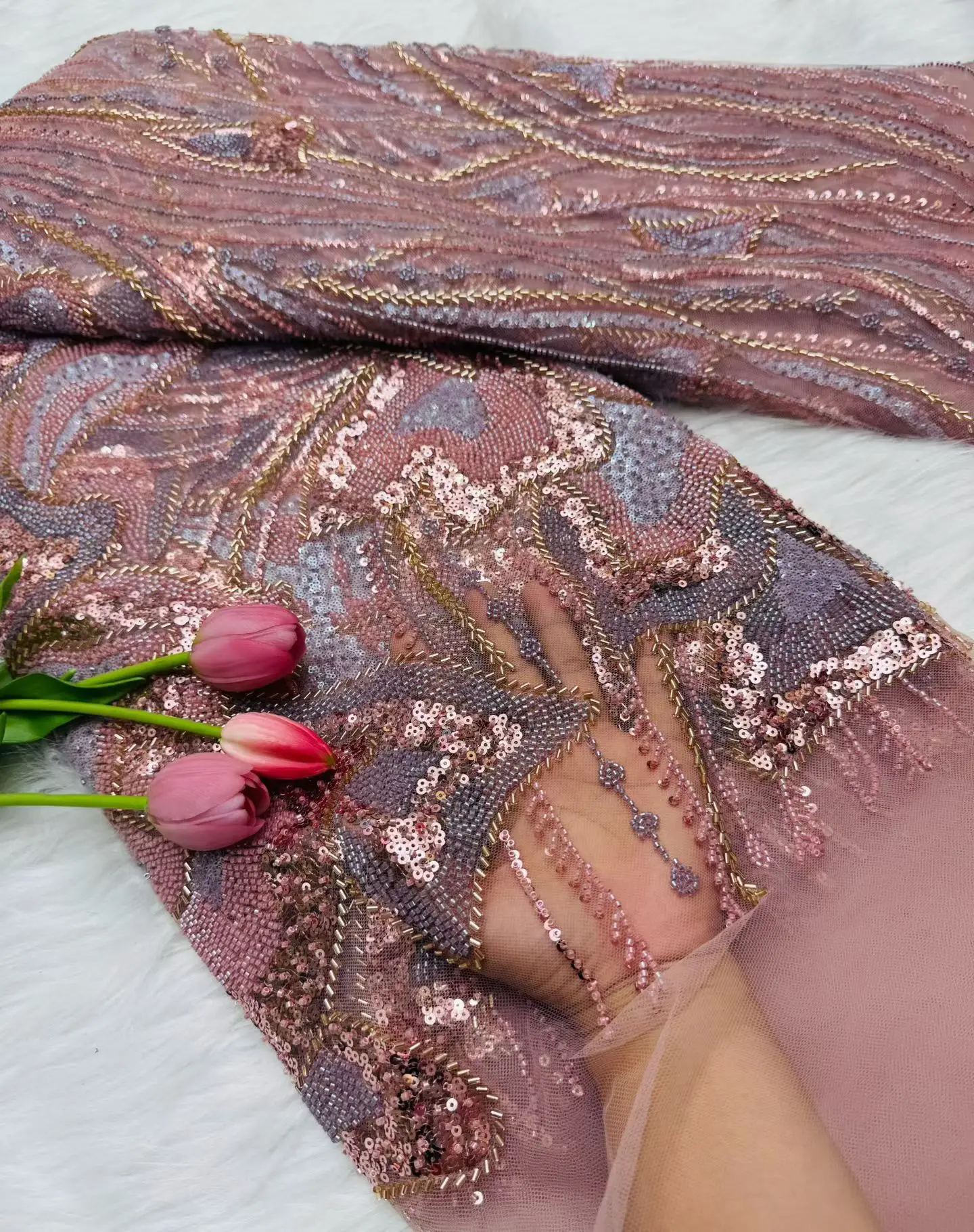 2025 최신 오스트리아 최고급 부드럽고 우아한 아프리카 비즈 튜브 레이스 스팽글 원단, 나이지리아 럭셔리 생일 드레스용 Hm207-1