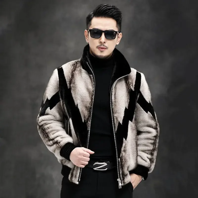 

2023 Autumn Winter Men's New Contrast Color Stripes Coats Male Stand Collar Warm Jackets Men Short Genuine Fur Outerwear