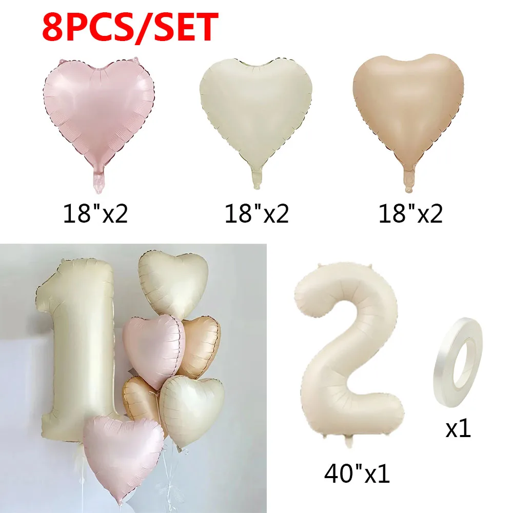 Juego de globos de aluminio con forma de corazón para niños y niñas, 8 piezas, Color crema, número de 40 pulgadas, decoraciones para fiesta de