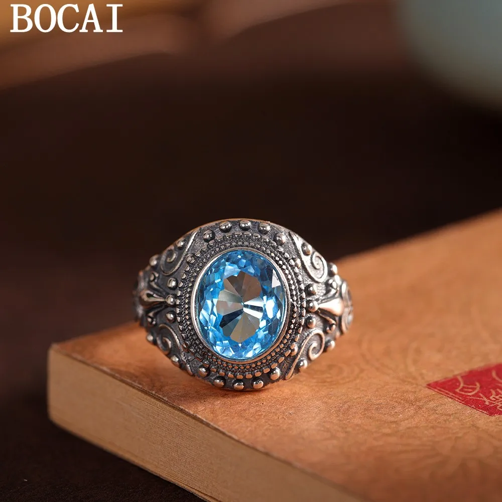 

BOCAI NEW S925 Pure Silver Retro Fashion Inlaid Egg Face Topaz Open Ring