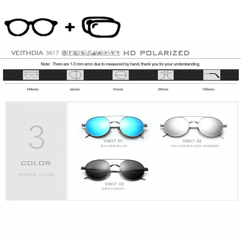 VEITHDIA العلامة التجارية الجديدة وصفة طبية مخصصة النظارات الشمسية عدسات عاكسة مستقطبة مستديرة خمر النظارات الشمسية قصر النظر للجنسين النظارات PJ3617