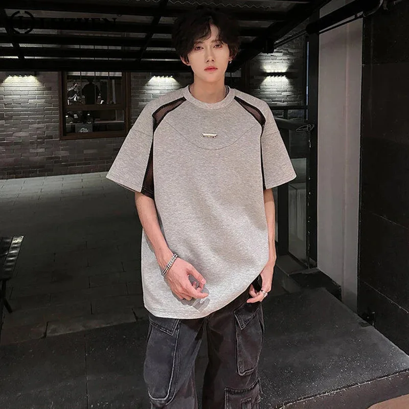 

LUZHEN Fashion Original Color Contrast Mesh Gauze Splicing Design Short Sleeve T-shirts Men 2025 Summer Shoulder Pad Tops JY2325