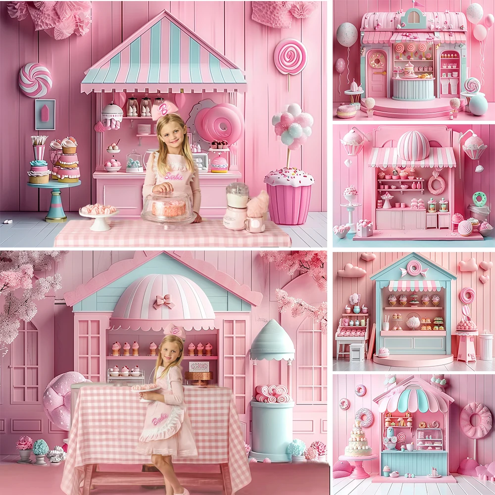 Mocsicka Candy Dessert Party Background Pink Candy Shop Donuts Girl Birthday Portrait Backdrop Kids Cake Smash Photozone Studio