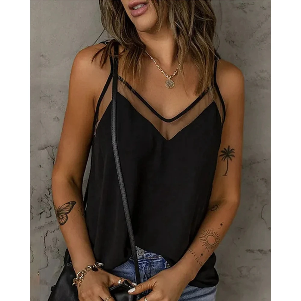 

Summer Women Contrast Sheer Mesh V Neck Sleeveless Tank Top Fashion Femme Casual Spaghetti Strap Elegant T Shirts Streetwear