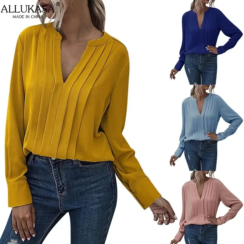 Allukasa Women Chiffon Blouse Female V Neck Casual Long Sleeve Pleated Solid Color Pullover Fashion Office Shirt Ladies Clothing