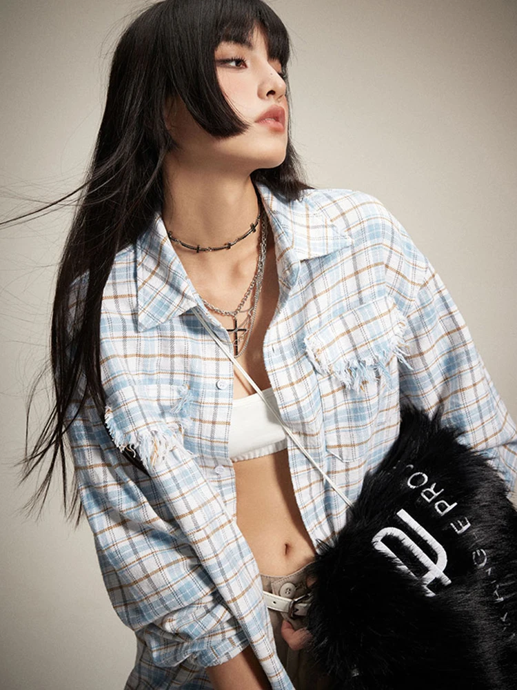 

Casual Bf Harajuku All Match Tops New Streetwear Tassel Plaid Shirts Women Loose Long Sleeve Amercian Y2k Blouse Vintage
