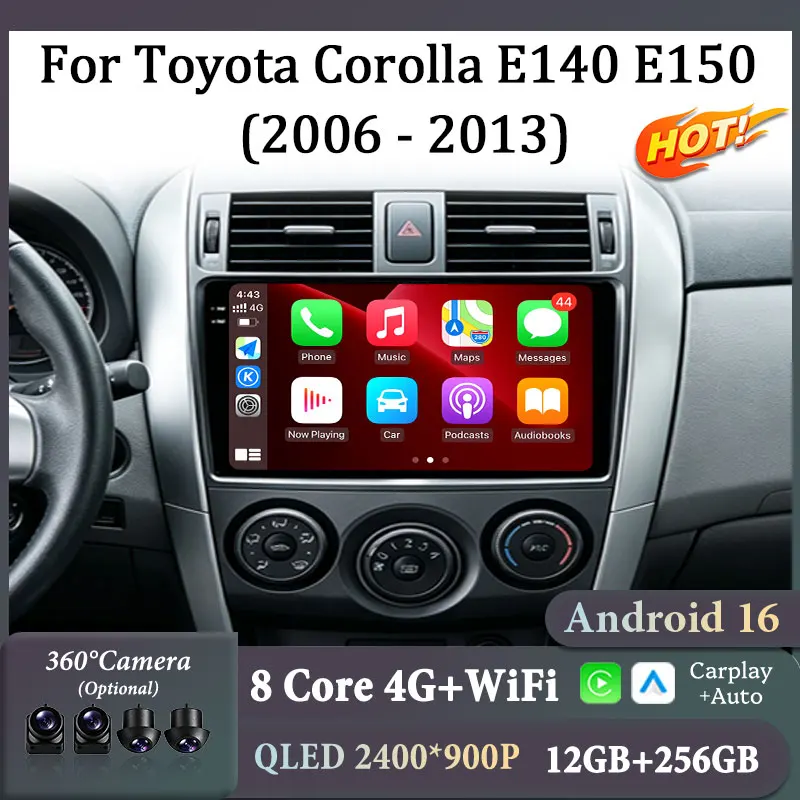 Android 16 9 Inch IPS Touch Screen Car Stereo For Toyota Corolla E140 E150 2006-2013 2Din Multimedia Player 4G Optional GPS BT