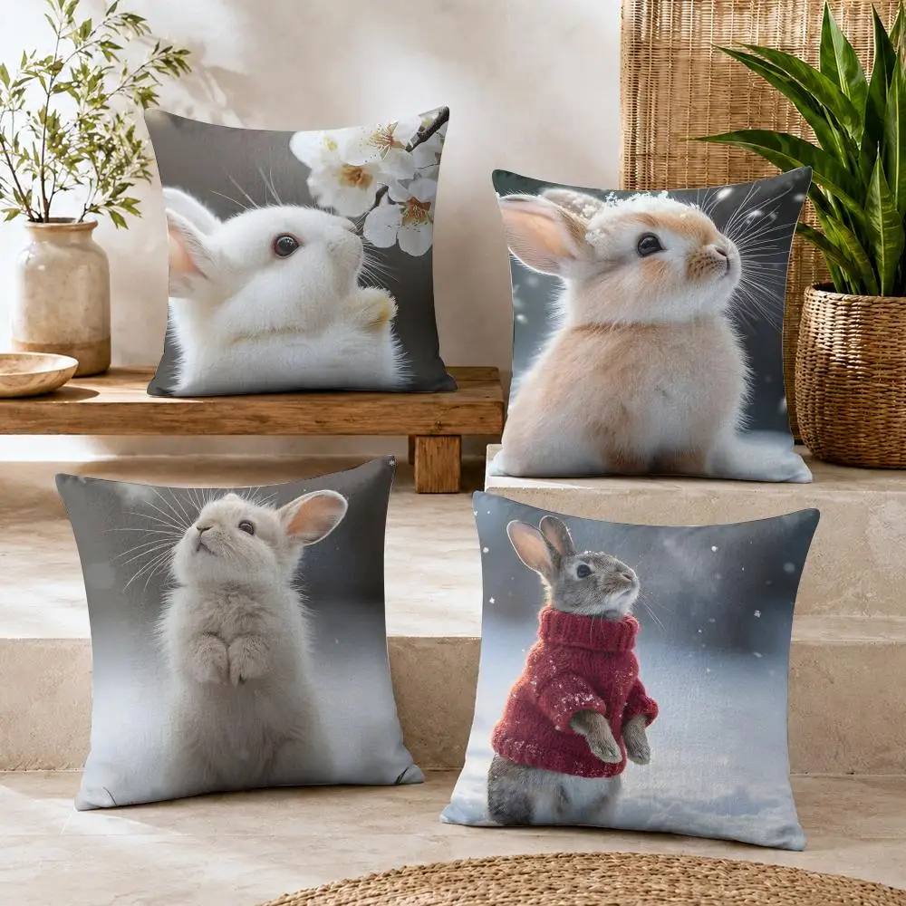 Rabbit Cushion Cover Summer Coolness Linen Organic Fabric Sofa Pillow Case Double-Sided Printing Home Decor