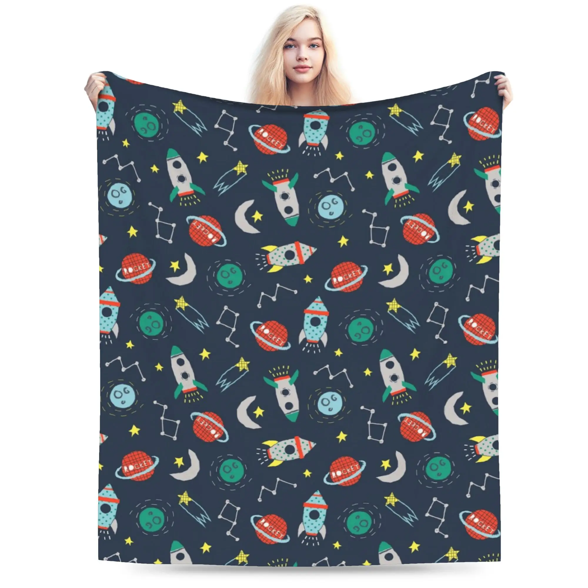 Space Planets Rockets  Warm Soft Blankets  Girls Boys Plush Throw Blanket Comfortable Couch Chair Flannel Bedspread Sofa Bed