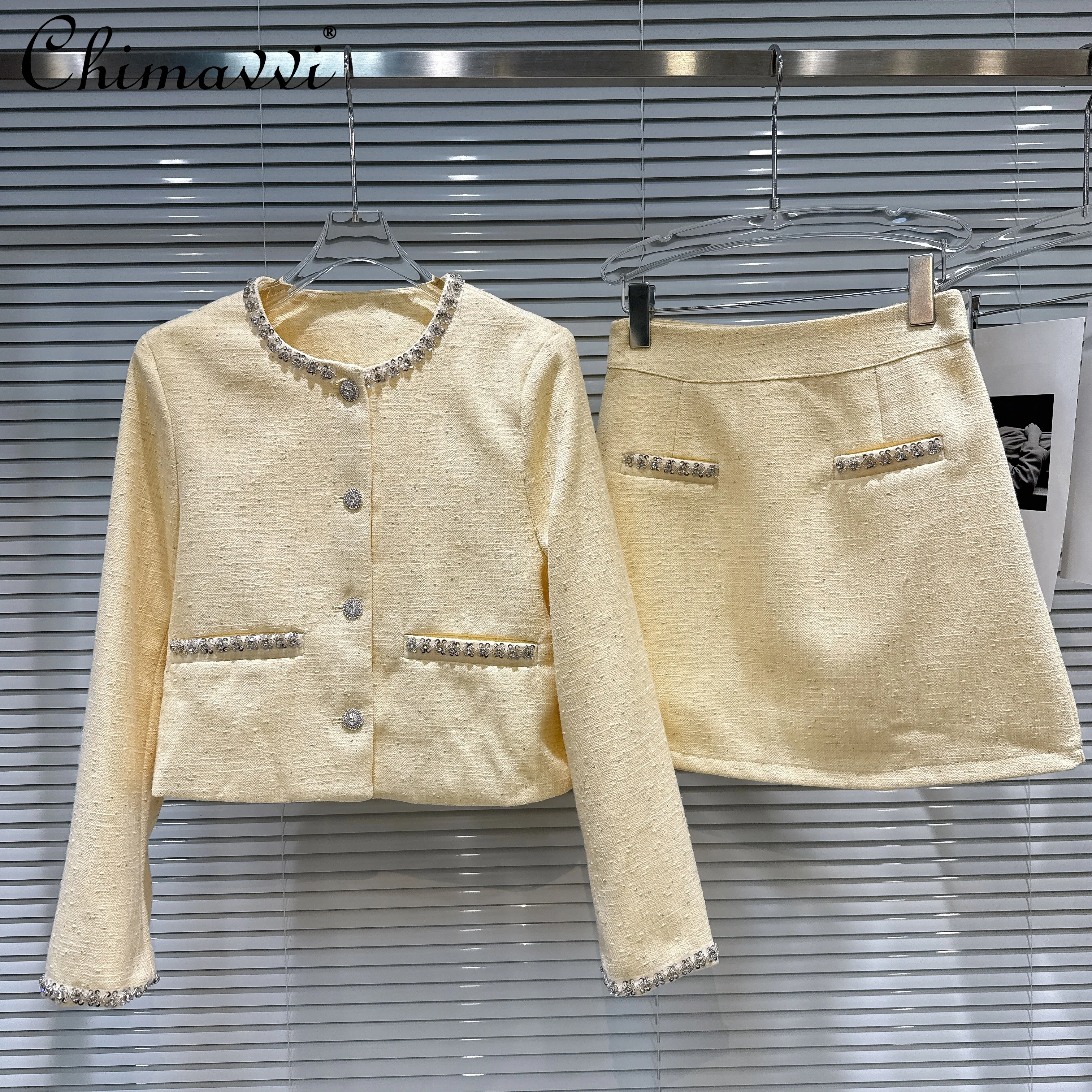 

2025 Autumn Clothes New French Fashion Beaded Collar Short Jacket + Tweed Short Skirt Set for Women Elegant Two-Piece Set