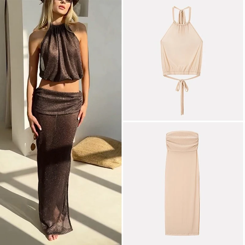 

Faionable Slim Fit Long Skirt Set with Crop Top for Women Polyester Fiber Summer New Arrival 2025 Sli Ensemble