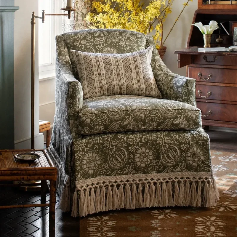 Retro Solid Wood Sofa Chair Small Apartment Balcony Printed Leisure Chair Country Study Fabric Single Chair