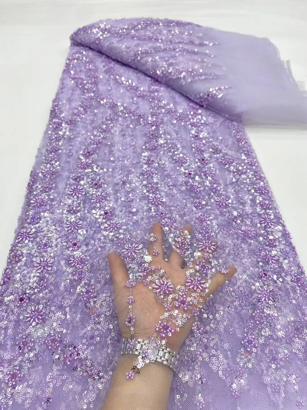 Tissu africain en dentelle pour mariée, maille française, avec beaucoup de paillettes et de perles, matériel pour robe, 5 Yards, légèrement extensible, DPW25062501