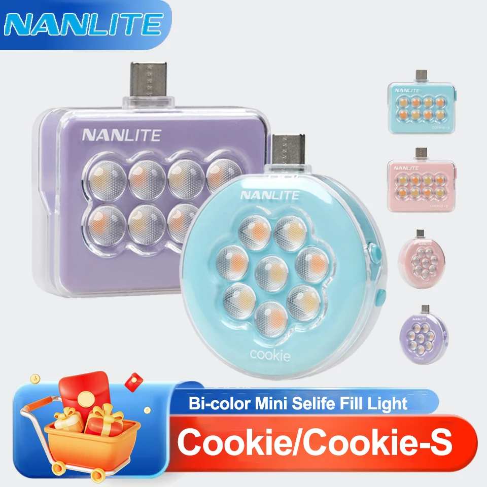 Nanlite Cookie Cookie-S Bi-color Mini Selife Luz de relleno 2,3w 3200-5600K Luz de bolsillo para teléfono inteligente tipo c
