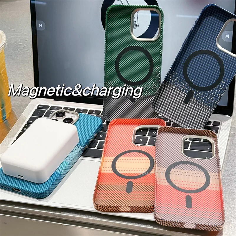 Camera Alloy Folding Stand Plaid Dots Magnetic Back Cover 16 Case for iPhone 15 14 Pro Max MagSafe Shell Frame Carbon Color Hull image 4