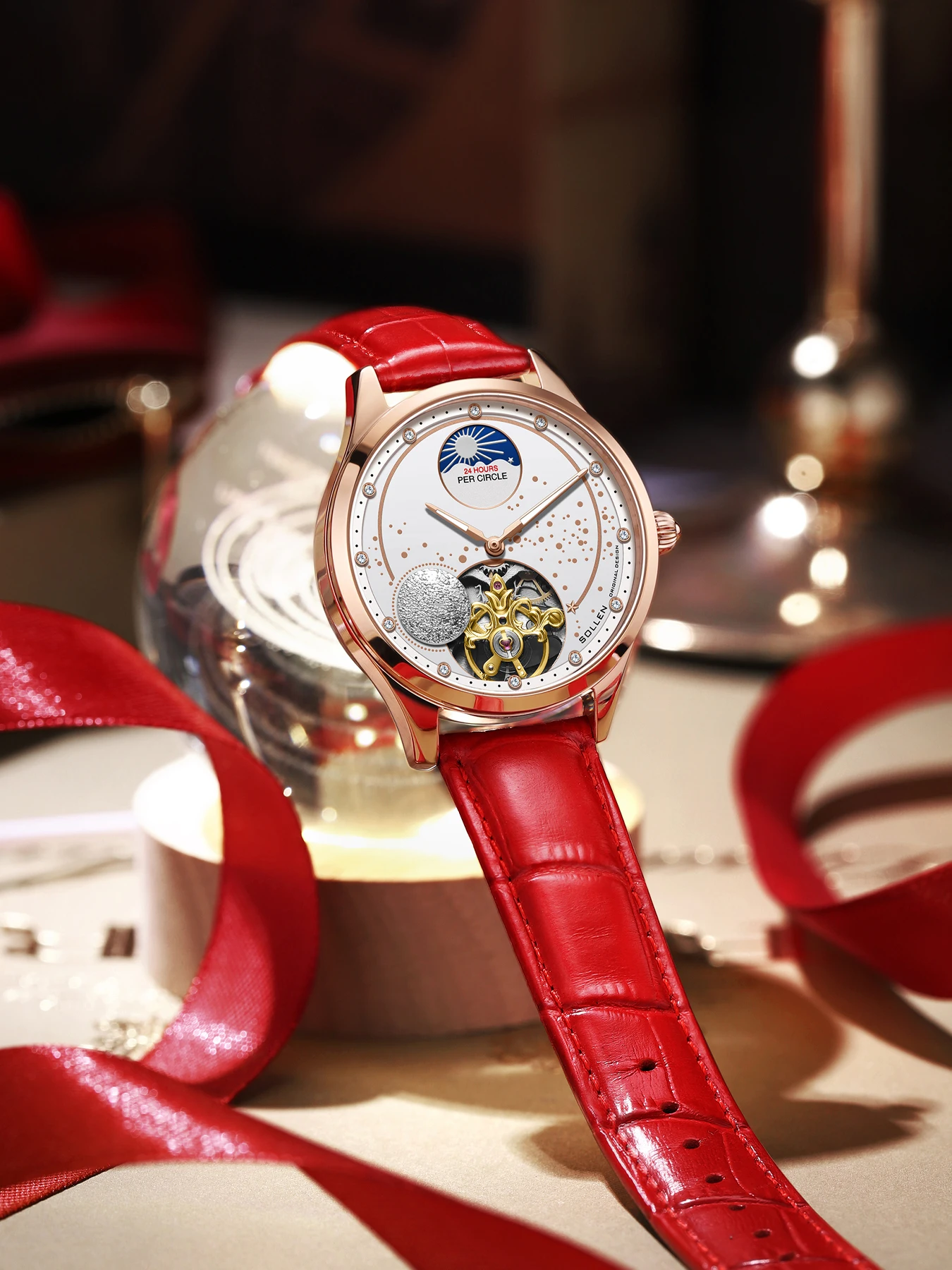 

SOLLEN women's mechanical watch hollowed out luminous watch, elegant red Valentine's Day gift for girlfriend