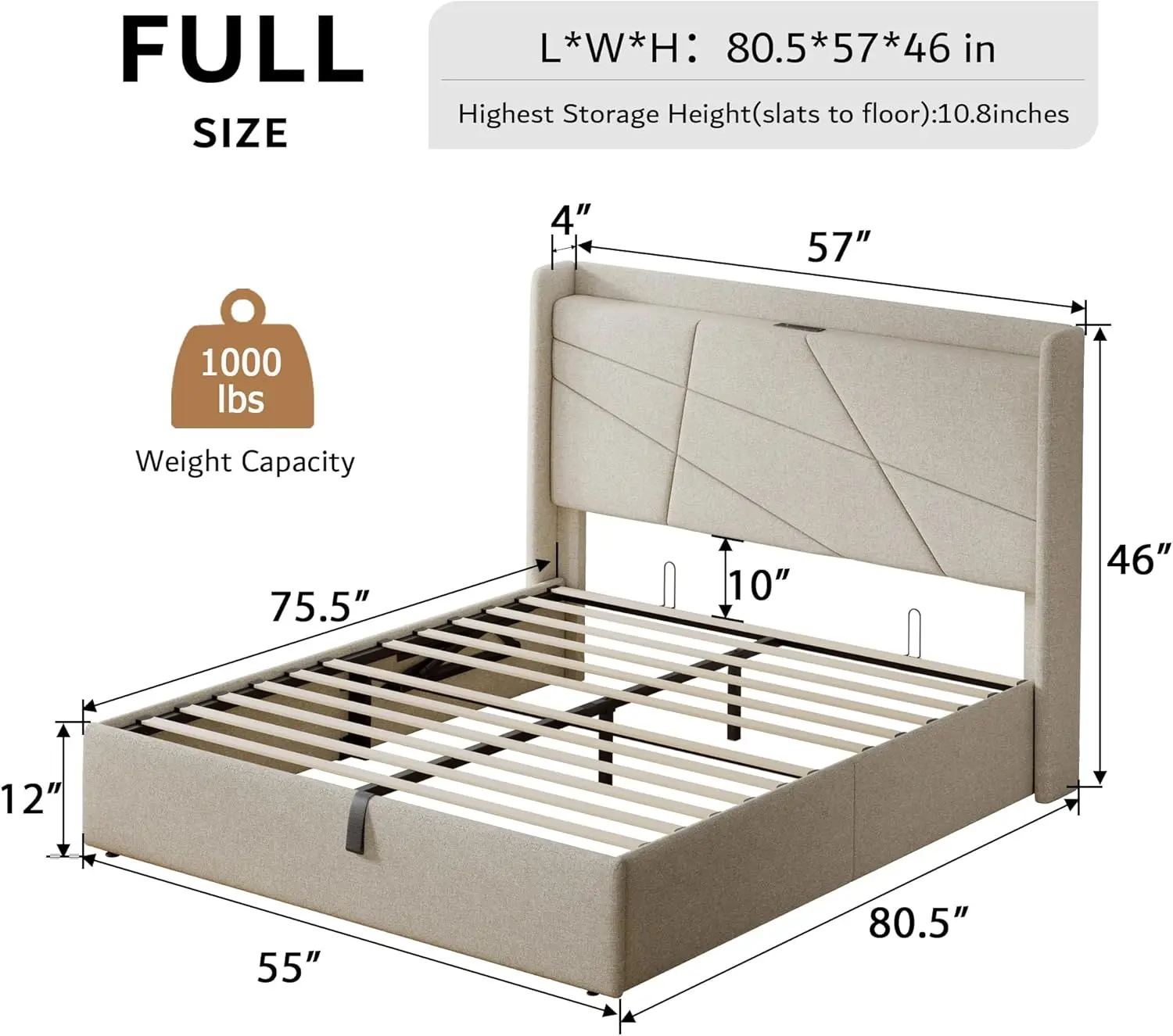 Full Size Lift Up Storage Bed Frame with Charging Station, Upholstered Platform Bed Frame with Headboard, Hydraulic Storage,