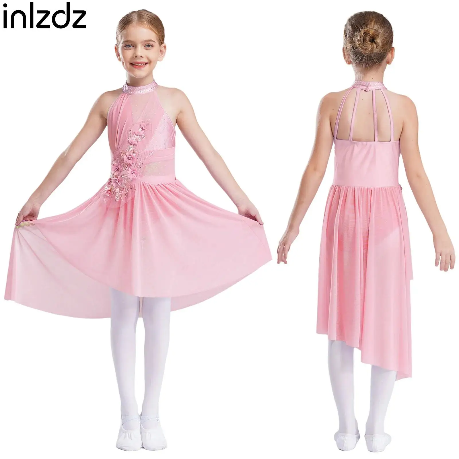

Kids Girls Ballet Jersey Dress Applique Mock Neck Shiny Rhinestones Mesh Skirted Gymnastics Leotard Lyrical Modern Dance Clothes