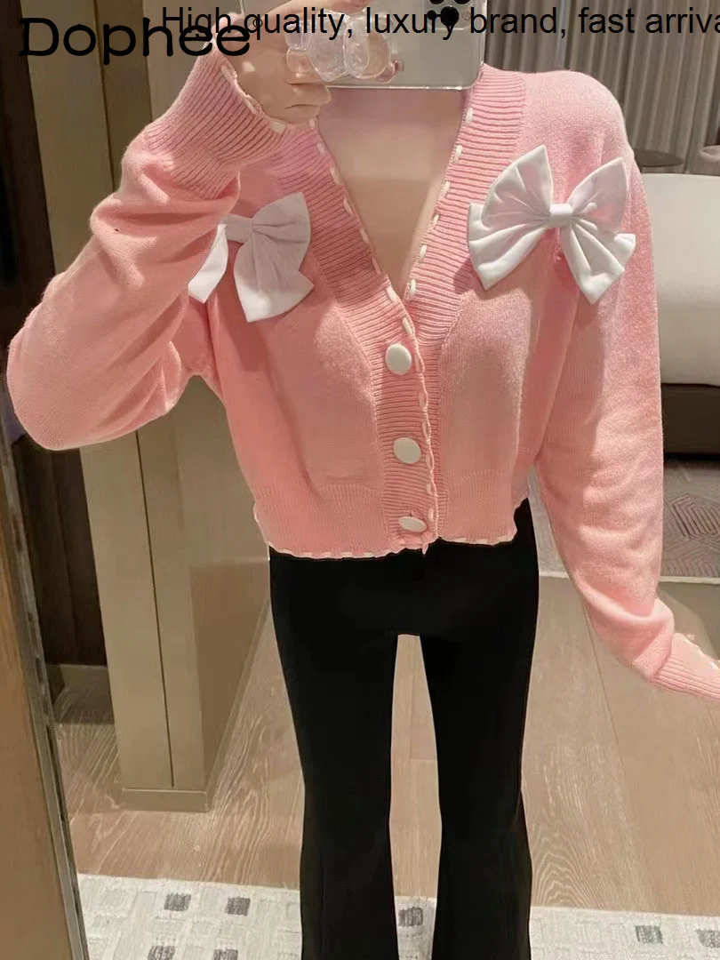 Line Sweet Bow Pink Knitted Cardigan Women 2023 New Autumn Winter Loose Slimming Short Coat Gentle Woolen Sweater Jacket