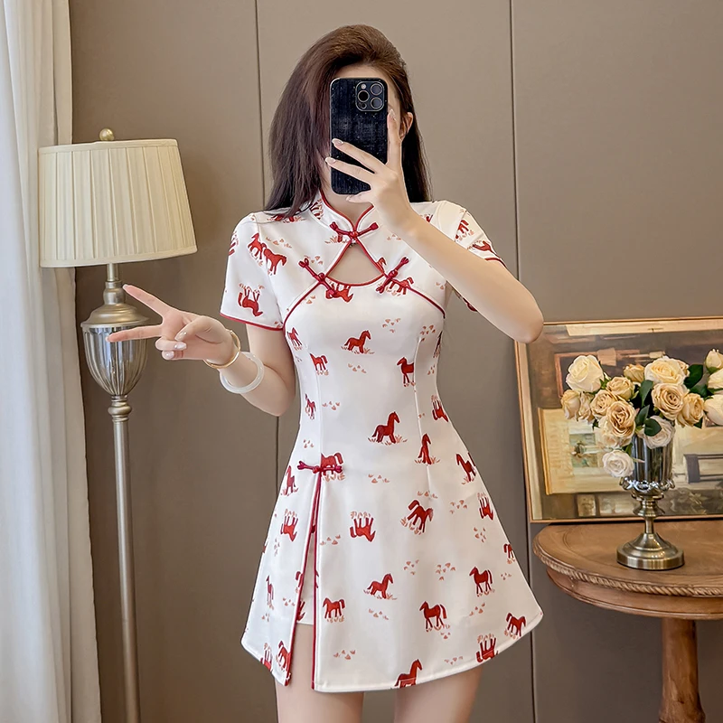 New Chinese Style Qipao Dress Set for Women 2026 New Elegant Printed Two-Piece Outfit with Horse Pattern Cheongsam Outfits