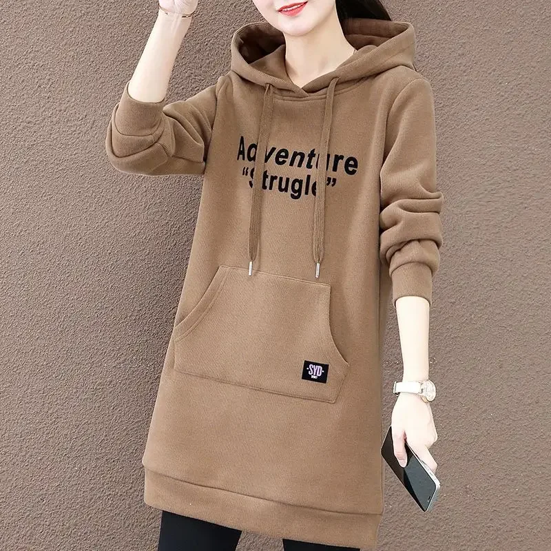 

Tide Casual Hooded Pocket Women 2024 Autumn Winter New Korean Version Thickened Medium Long Printed Sweatshirt Modern Stylish