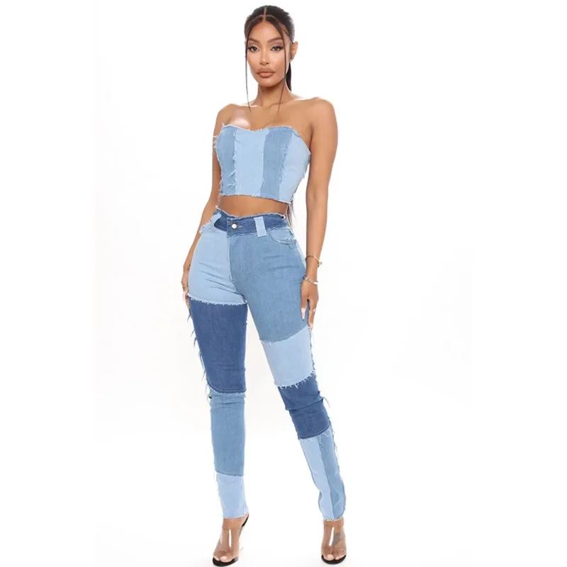 The New Autumn Fashion Patchwork Stretch and Slimming Jeans,Ladies' Design-sense Tassel Spell Color Small Leg Jeans Pencil Pants