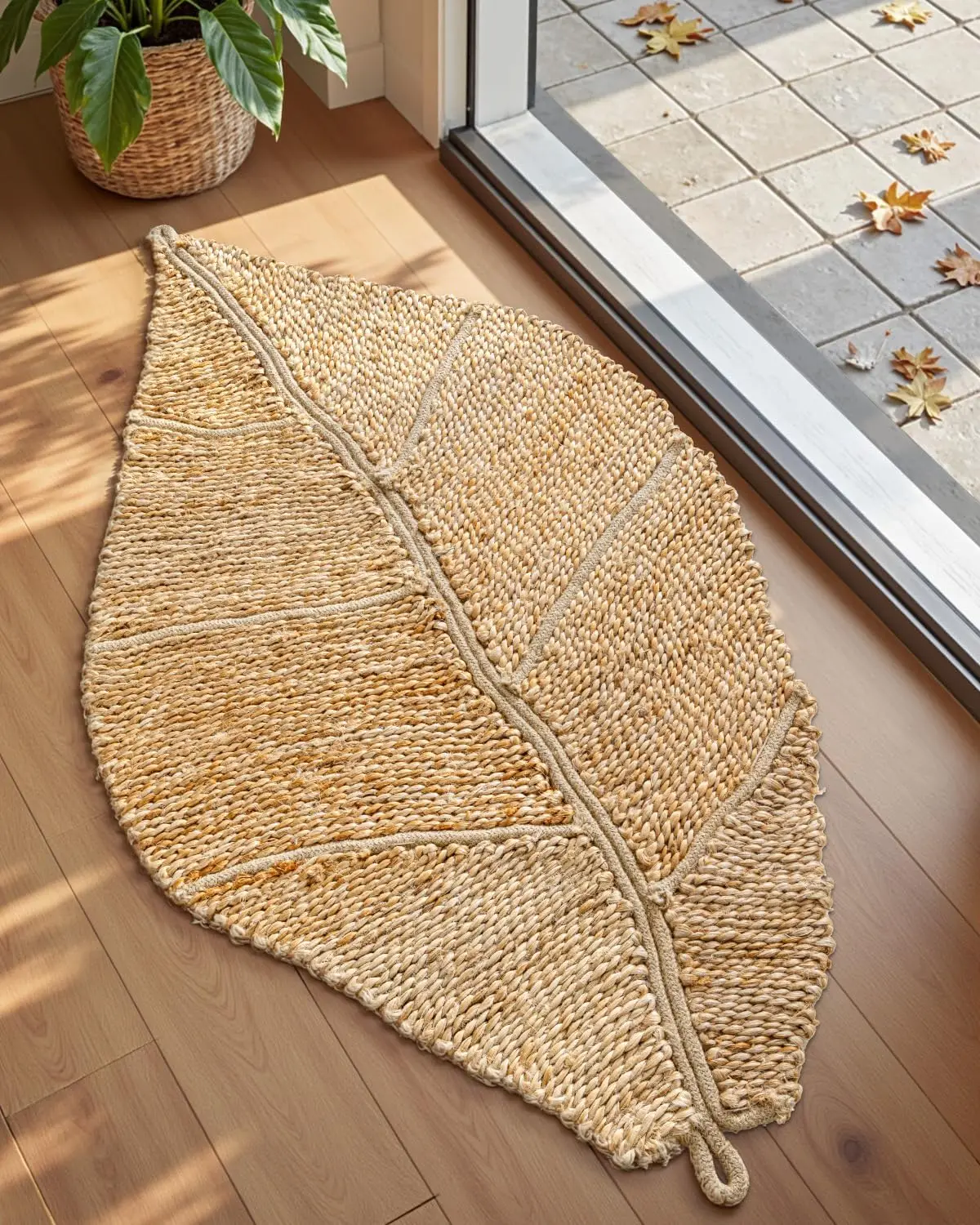 

Natural Jute Door Mat 20x32 Leaf Shaped, Non-Slip Entryway Rug for Farmhouse Decor in Beige