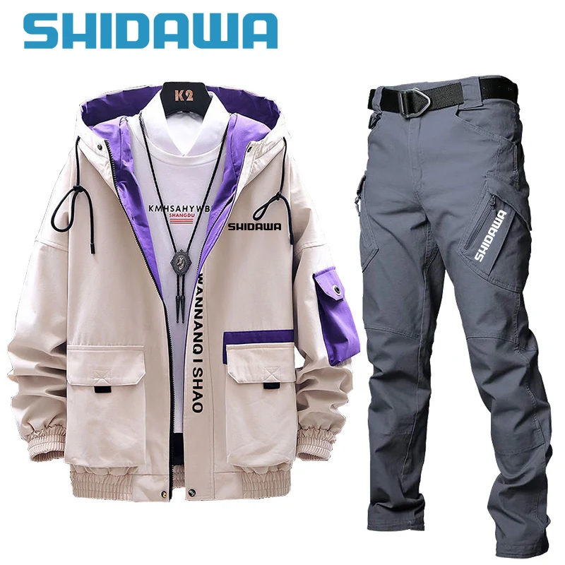 Shidawa Men's Thin Fishing Suit, Hooded Jacket, Summer Pants, Outdoor Sports, Hiking Fishing Set, Spring, Autumn, Fashion, 2 Pcs