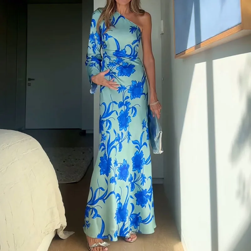 Herfst nieuwe off-shoulder jurk met lange mouwen Casual asymmetrische hoog getailleerde vakantiejurk Sexy uitgeholde strandfeestjurken
