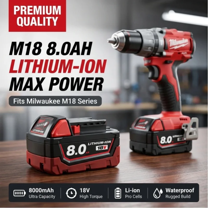 8000mAh 18V M18 Lithium-Akku für Milwaukee M18 Akku-Elektrowerkzeuge 8,0Ah Ersatzakku IP65 Wasserdicht