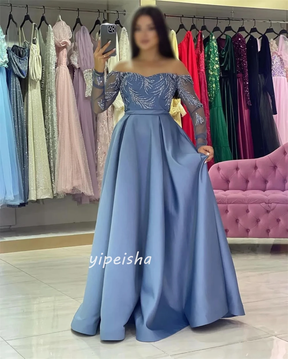 Customized Classic Elegant Jersey Sequined Beading A-line Off-the-shoulder Long Dresses Bespoke Occasion Dresses Matching Retro