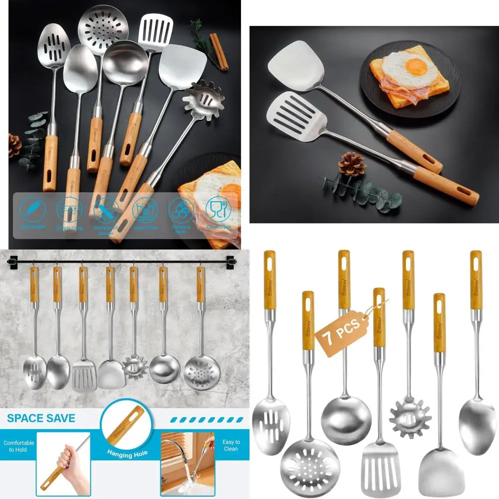 

7-Piece Stainless Steel Kitchen Utensil Set with Wooden Handles, Heat-Resistant Cooking Tools Including Turners, Skimmer, Ladle,