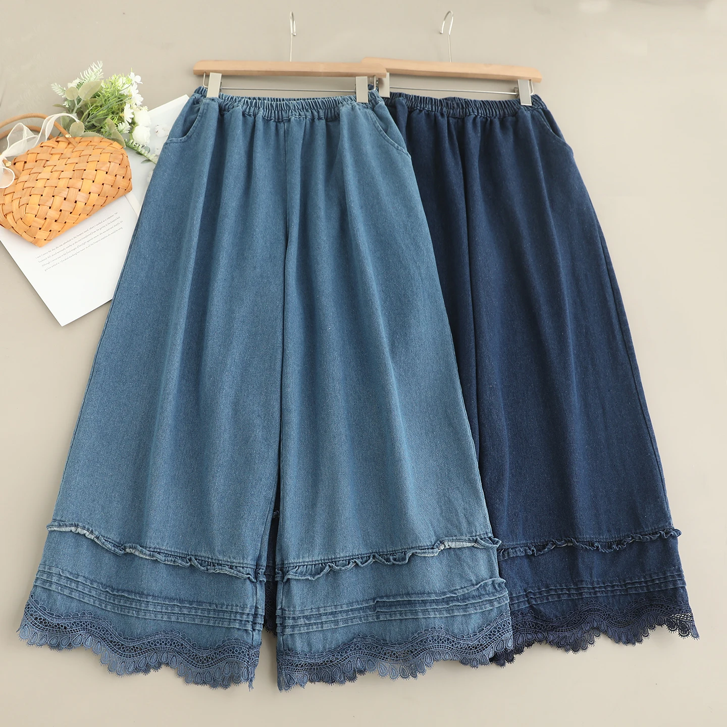 

Японские винтажные кружевные лоскутные джинсовые широкие брюки Mori Girl, женские осенние новые повседневные свободные прямые джинсы с эластичной резинкой на талии