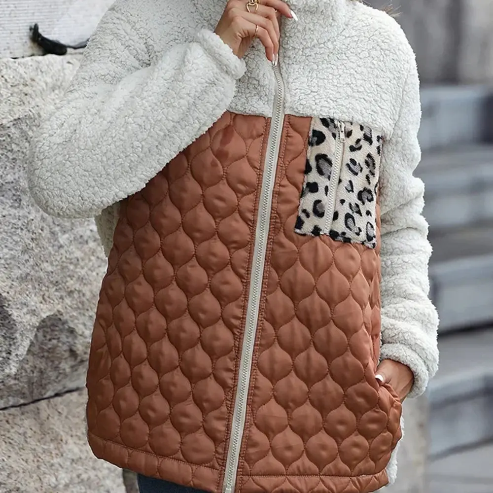 

Женское осенне-зимнее лоскутное пальто с длинным рукавом и воротником-стойкой на молнии, повседневная модная верхняя одежда с карманами