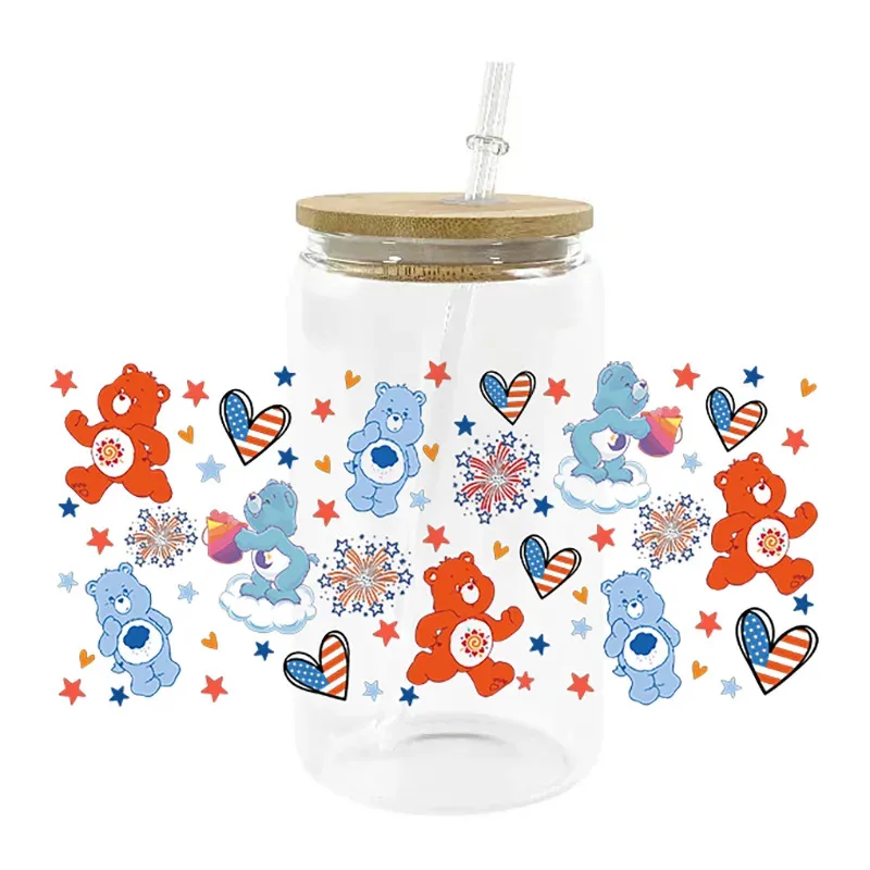 

New Arrival 80's Cartoon Series Cute Bear UV DTF Cup Wrap For 16oz Libbey Coffee Glass Can Cup uvdtf Wrap Car Sticker DIY