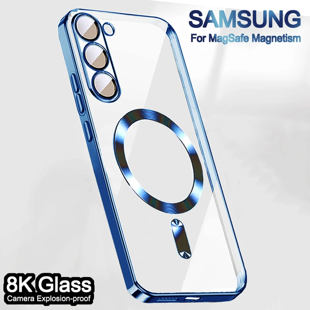 고급 도금 투명 무선 자성폰케이스삼성 갤럭시 S21 S23 Fe S24 울트라 S22 Plus Ultra For Apple Magsafe Case Samsung Galaxy 6K 초선명 유리 10H 폭발 방지 전체 카메라 보호 