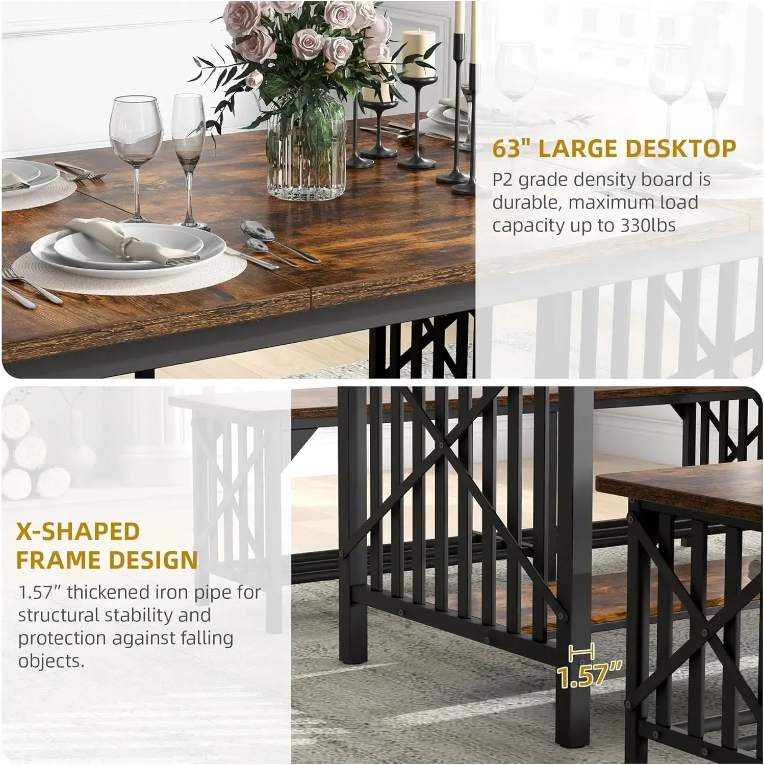 63" Dining Room Table with 2 Benches, Industrial Rectangular Dining Room Table Set with Storage for Kitchen