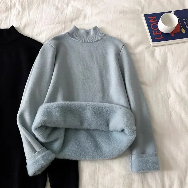 

Women's Half High Collar One Piece Warm Inner Wear Winter New Style Top Thickened Long Sleeve Fleece Lined Knitted Sweater