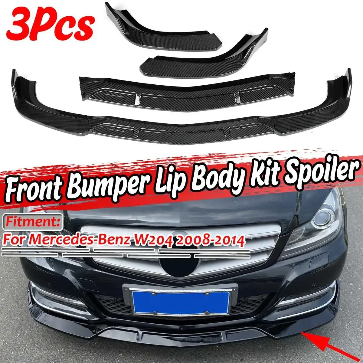 3 Piece Car Front Bumper Splitter Lip Spoiler Diffuser Protection Cover Trim For Mercedes For Benz W204 2008-2014 Exterior Part