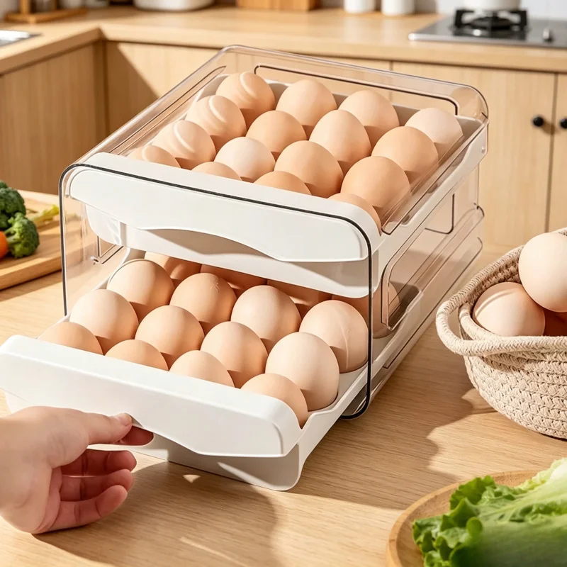 1 Stück 2-Schichtige Schubladen-Eierbox, Plastik-Kühlschrank-Frischhaltebehälter, Großes Küchen-Organizer-Regal