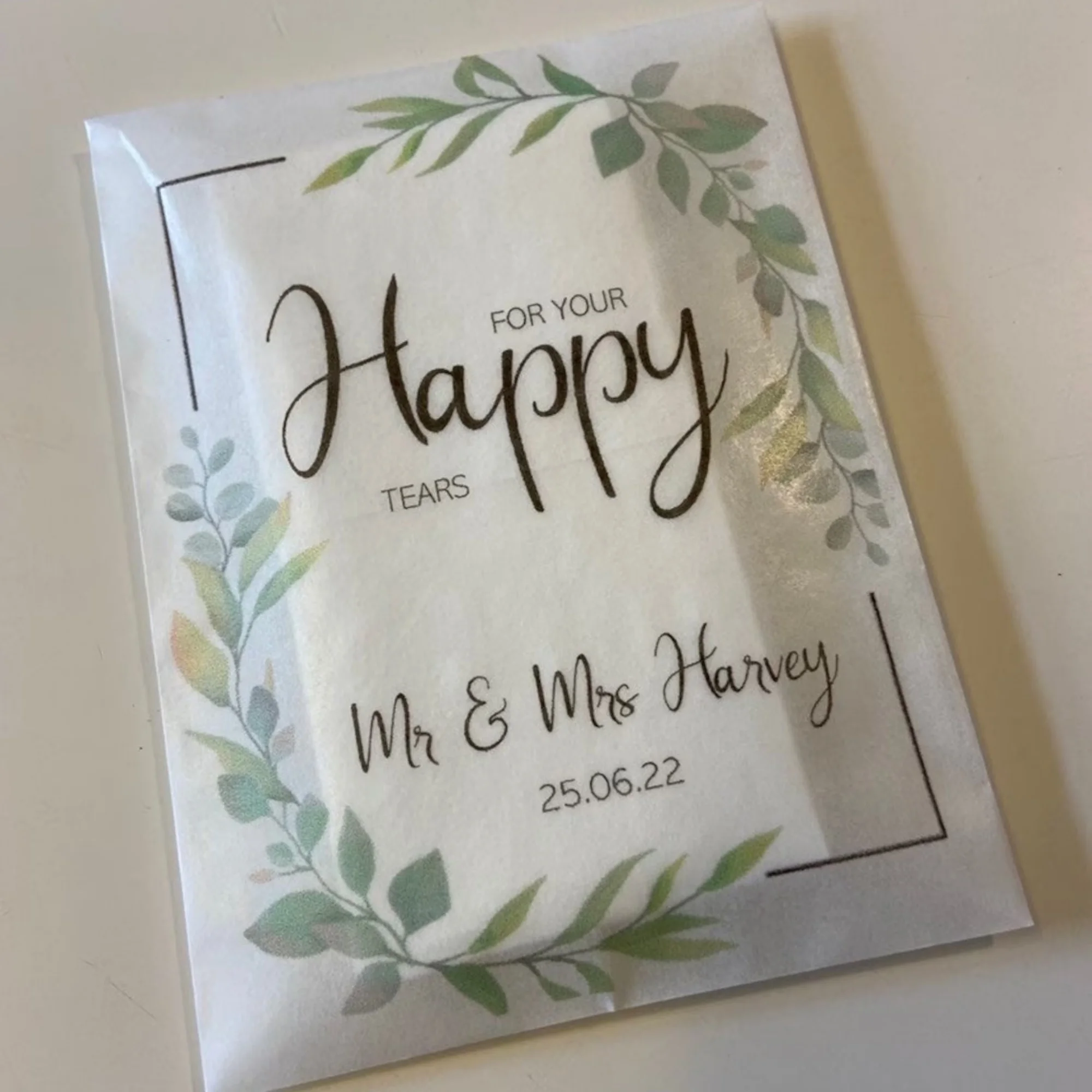 25pcs Personalised tissue pack, for your happy tears, wedding tissues favour, personalised tissue Glassine, eucalyptus, botanica