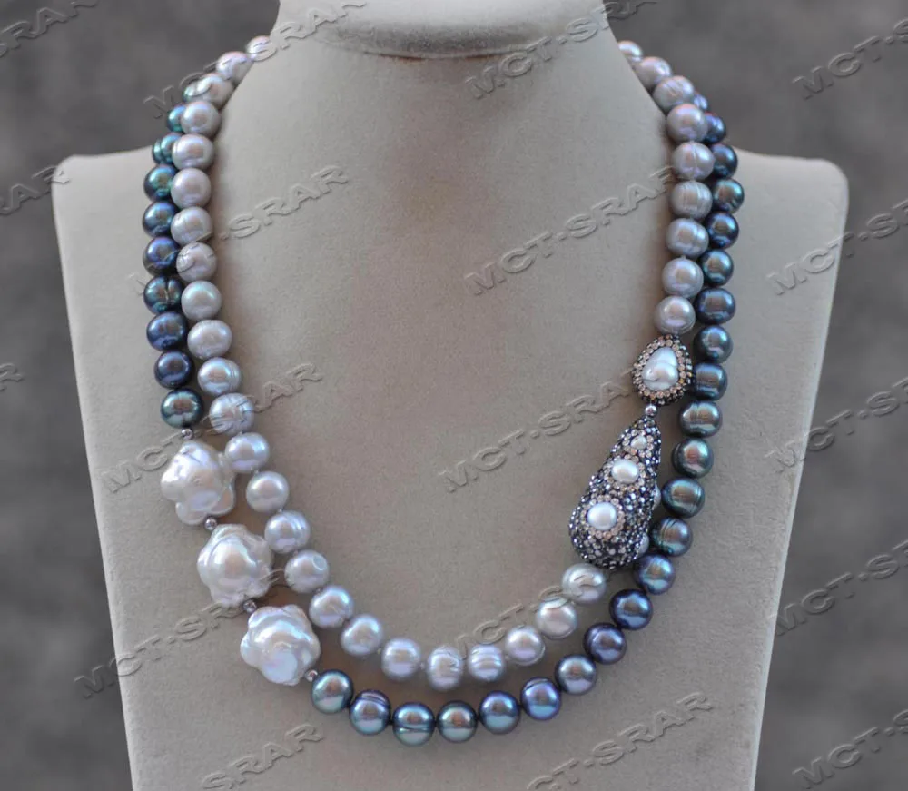 

Z11566 2Row 18" 16mm White Plum Bossom Black Gray Round Pearl Necklace